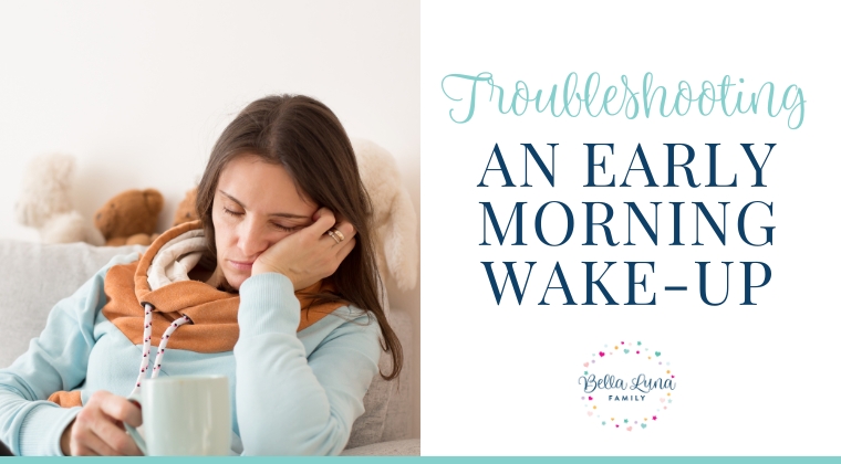 picture of an exhausted mom, falling asleep sitting up and the text troubleshooting an early morning wake up online course | Online courses & guides |