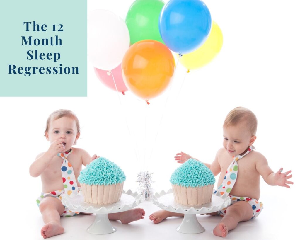 The 12 Month Sleep Regression section header with twin boys, sitting in ties with birthday cupcakes and balloons