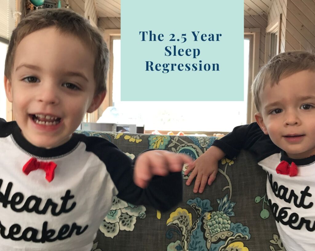The 2.5 Year Sleep Regression section header with twin boys, in heartbreaker shirts